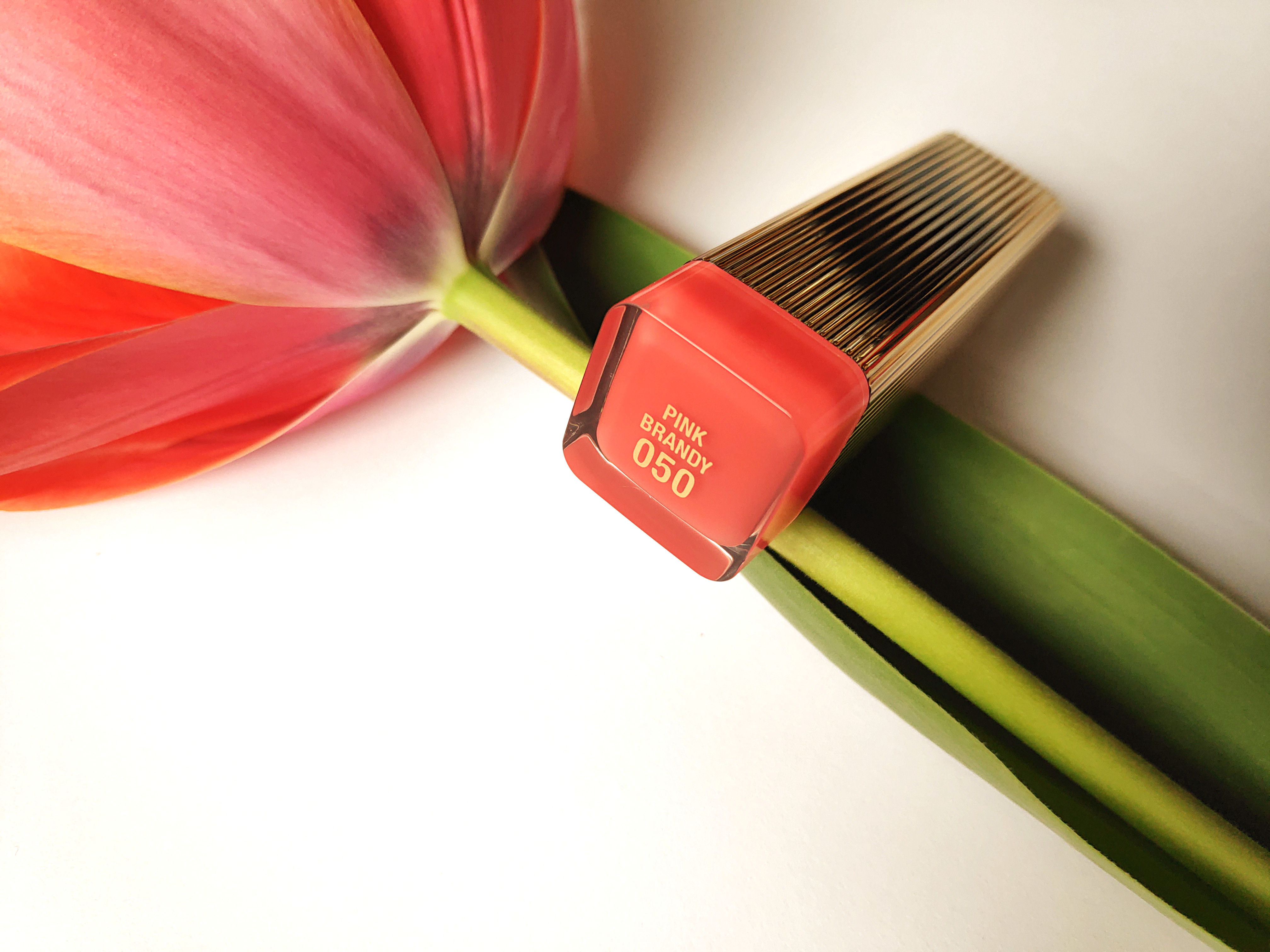Max Factor Colour Elixir Lipstick in 050 Pink Brandy with closed cap, laying on a red tulip with opened petals.