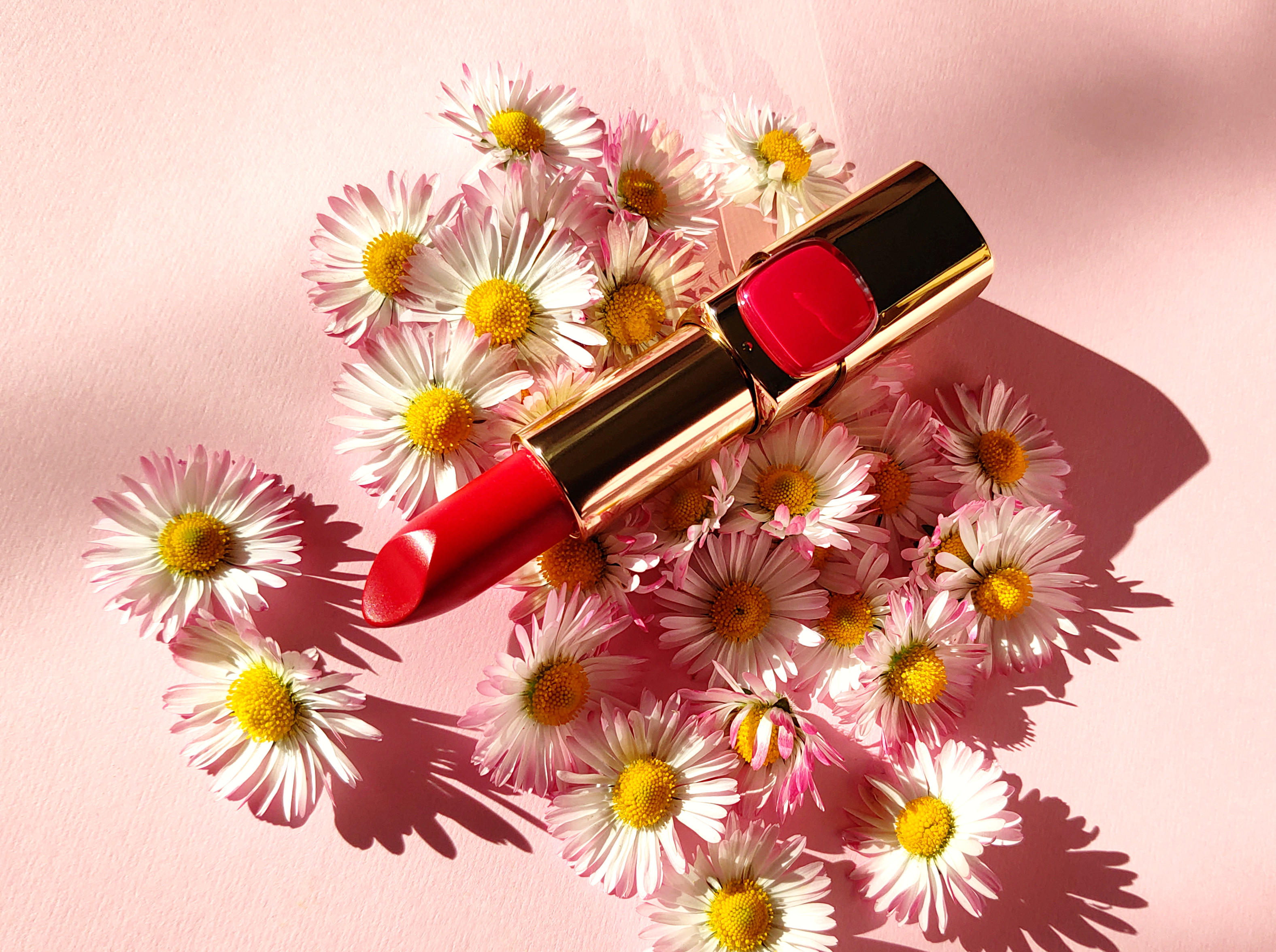 L’Oréal Paris Color Riche Lipstick in R514 Pearly Rubie Follie opened on a bouquet of daisies.
