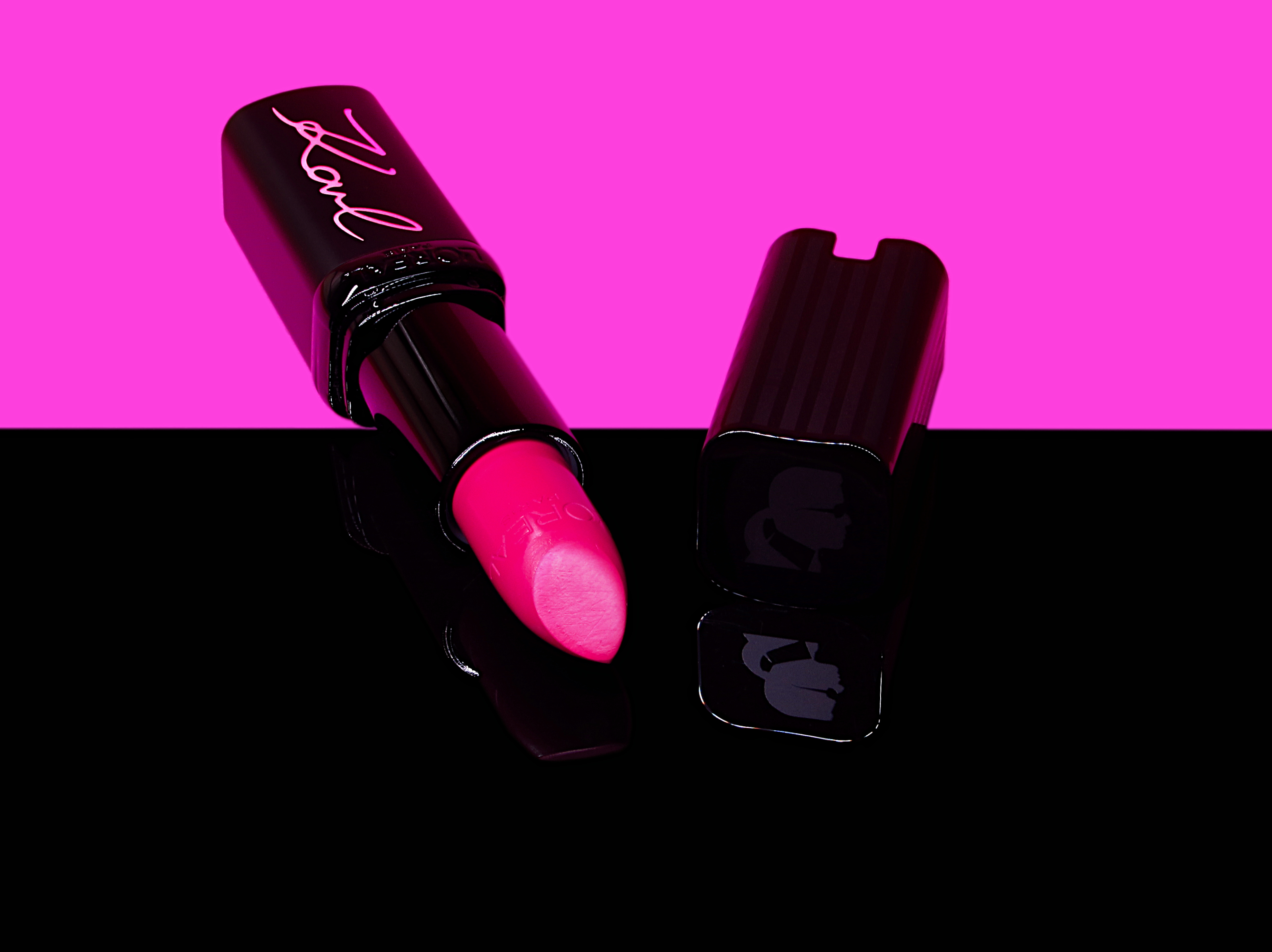 L'Oréal Paris x Karl Lagerfeld Limited Edition Collection in IroniK on a pink and black background.